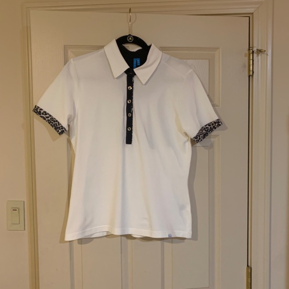 GG Blue White/Black/Leopard Polo Top sz L